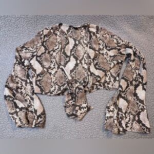 Windsor Snake Print Front Tie Crop Top Womens Size Large Bell Sleeve Brown